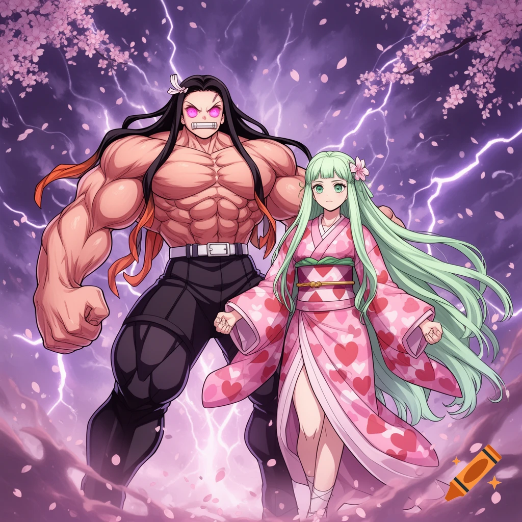 Two anime characters: a very muscular figure with glowing pink eyes and a woman in a pink heart-patterned kimono, against a purple, stormy sky with cherry blossoms.