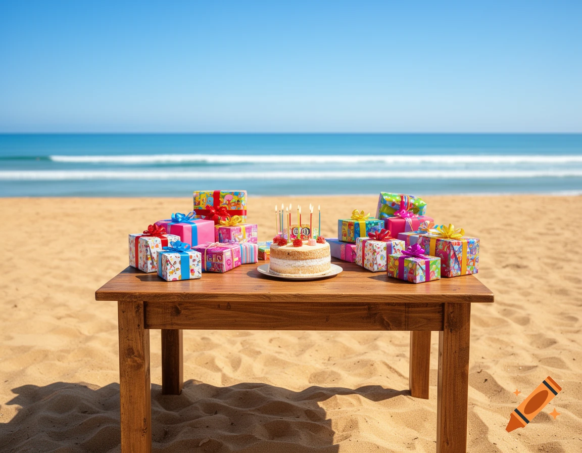 A wooden table on a sunny beach holds a birthday cake with candles and many colorful wrapped gifts. Blue ocean and sky are in the background.