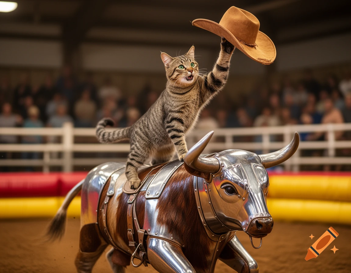 A tabby cat wearing a cowboy hat rides a mechanical bull in a rodeo arena, raising its hat in excitement.