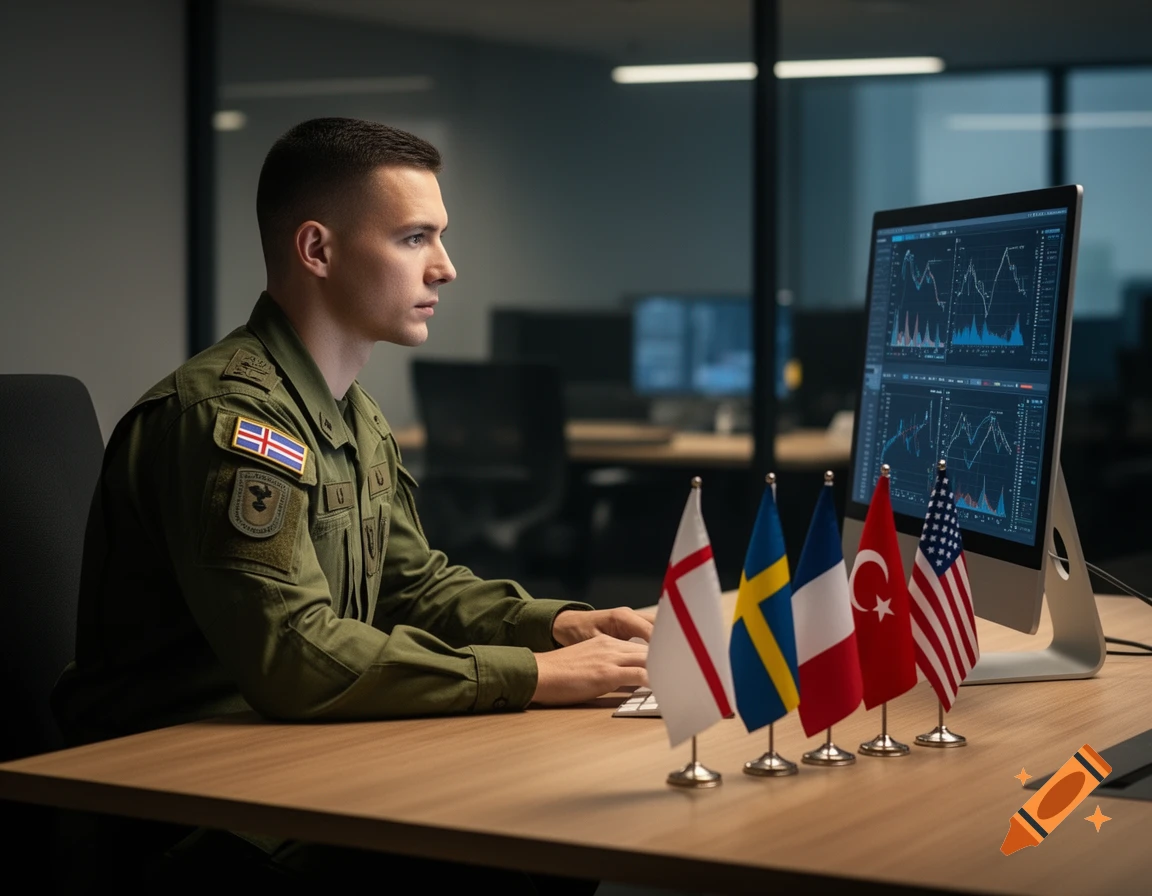 A photorealistic image of a soldier in uniform sitting at an office desk, looking at a computer monitor displaying graphs, with a row of miniature national flags on the desk.