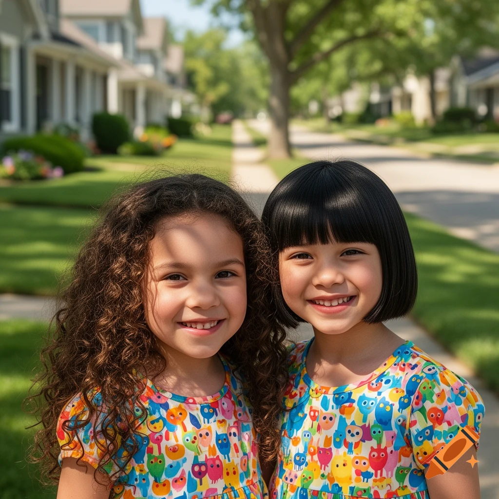 Two smiling young girls, one with curly brown hair and one with a black bob, wearing colorful dresses in a sunny residential street.