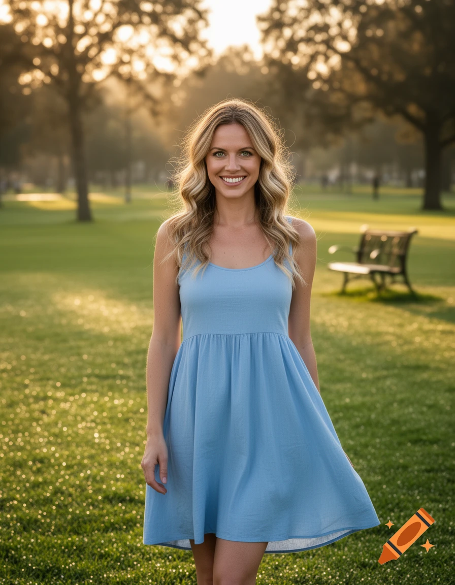 A smiling woman with long wavy hair in a light blue dress stands in a sunny park with trees and grass in the background.