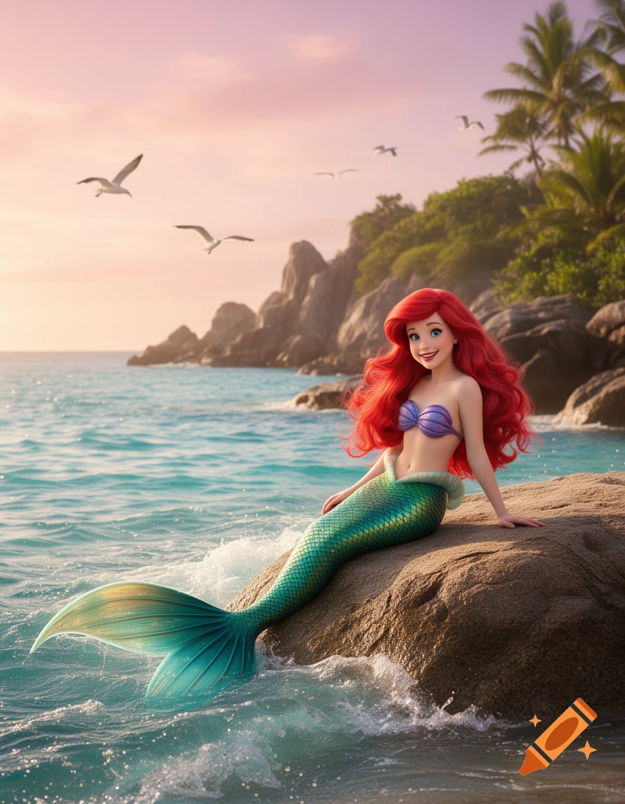 Ariel, the mermaid, with red hair and a green tail, sits on a rock by the ocean at sunset.