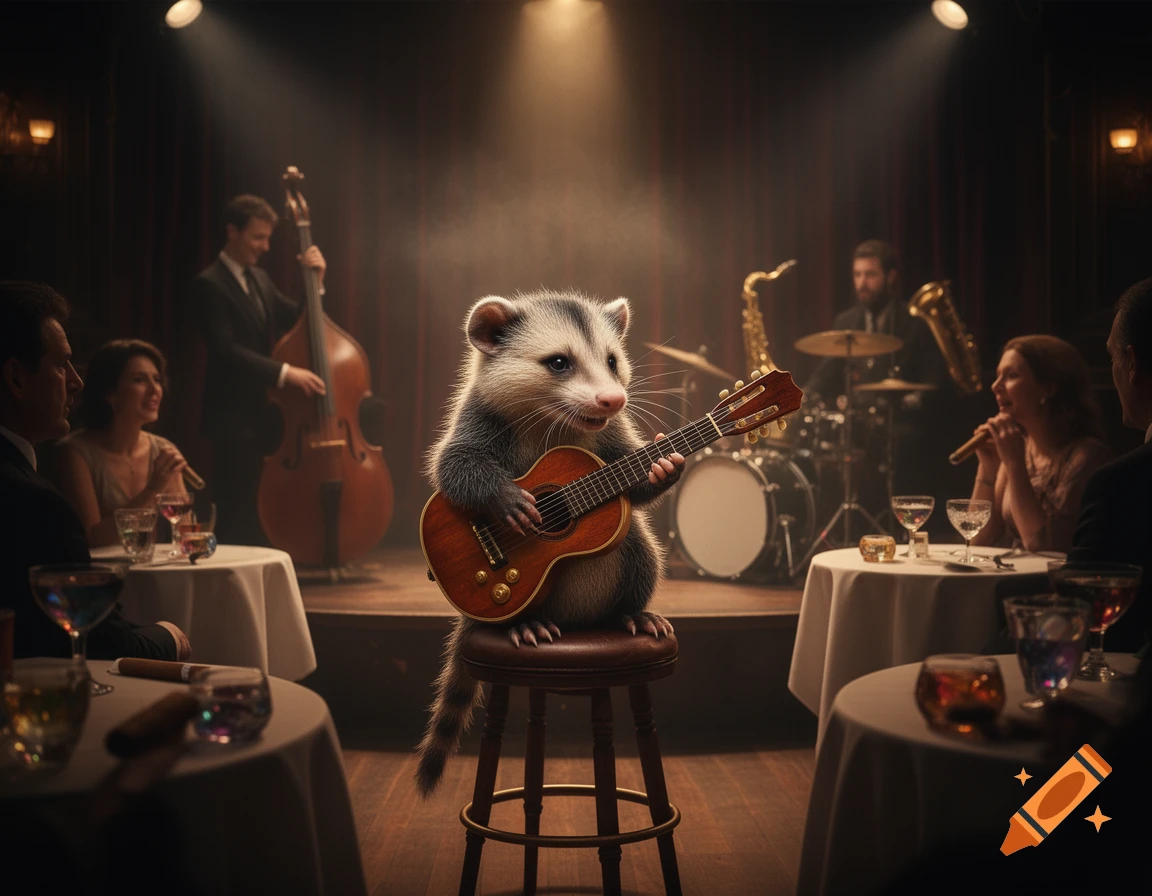 A photorealistic baby possum plays a small guitar on a stool in a spotlight on a jazz club stage, with a band and patrons in the background.