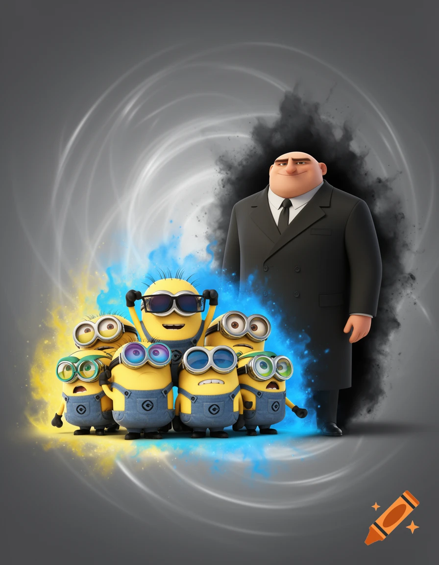 Gru stands to the right, enveloped in a grey and black aura, while six Minions with yellow and blue auras gather on the left.