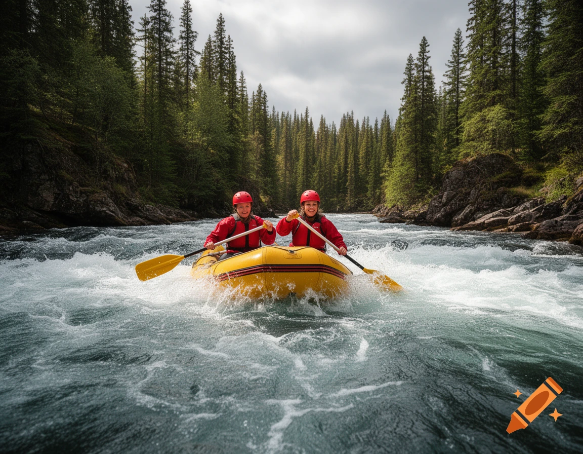 Two women in red jackets and helmets paddle a yellow raft through white-water rapids in a forest river.