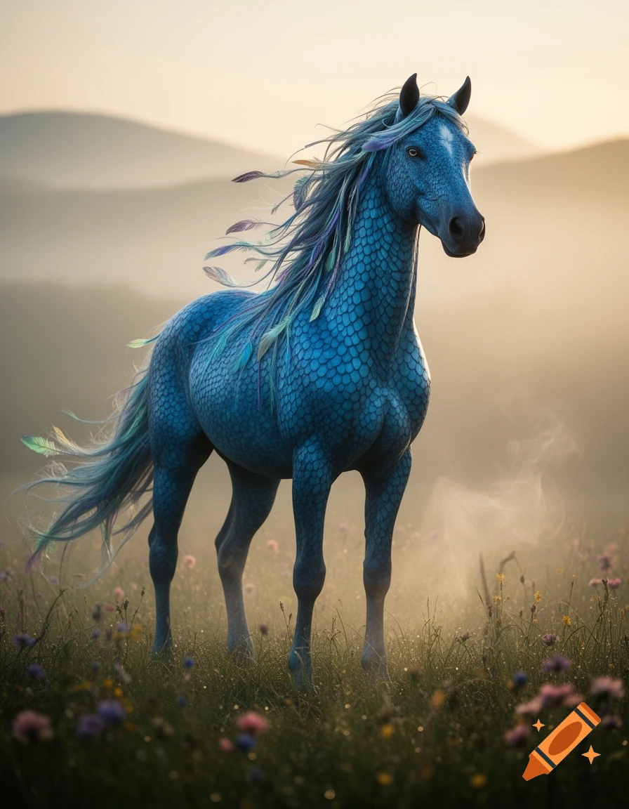A blue, scaled fantasy horse with a feathered mane and tail stands in a field of wildflowers with misty mountains in the background.