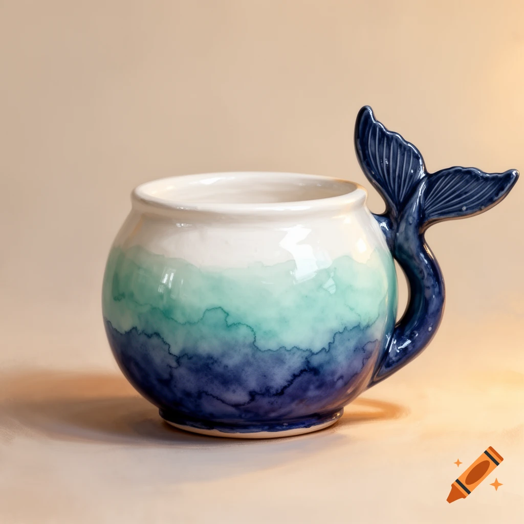 A round ceramic mug with a dark blue whale tail handle. The mug body features a watercolor gradient of dark indigo, teal, and white.