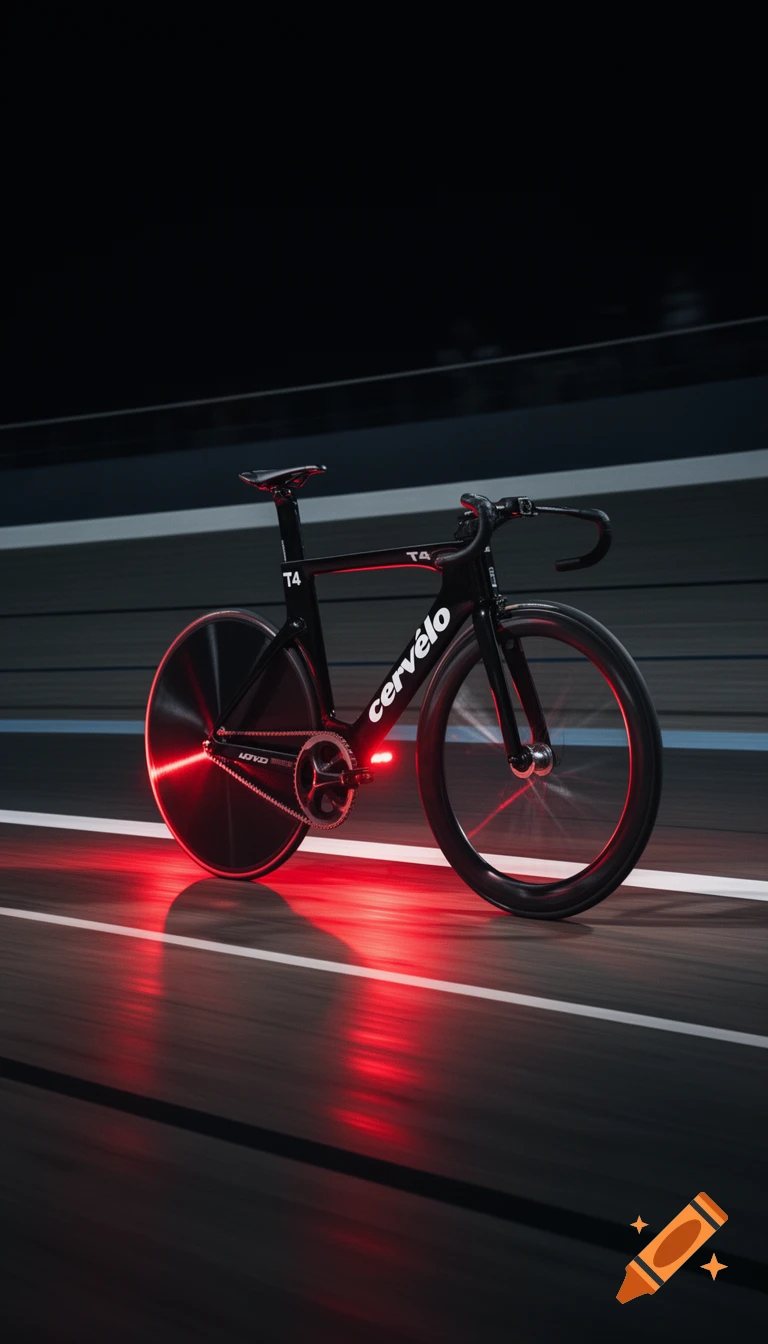 A black Cervélo T4 track bike with red glowing wheels and reflections on a dark velodrome track at night, rendered in a cinematic style.