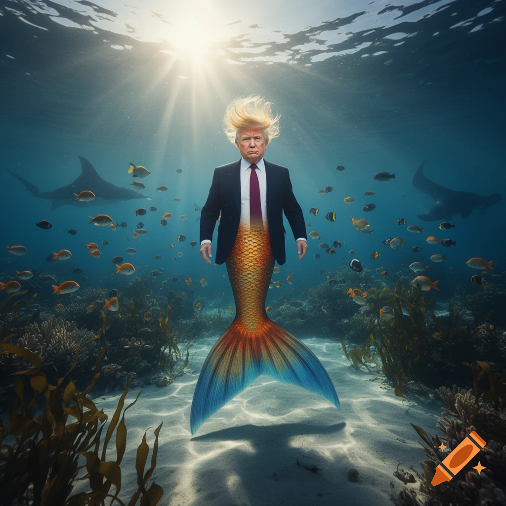 Donald Trump as a merman in a suit with a golden-blue tail, swimming underwater among fish and coral with sun rays.