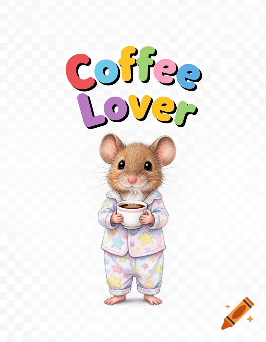 A cute cartoon mouse in star-patterned pajamas holding a steaming coffee cup, with colorful text 'Coffee Lover' above.