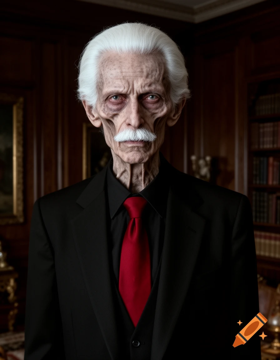 An old, gaunt man with white hair, a white mustache, and sunken cheekbones, wearing a black suit and red tie, in a wood-paneled room.