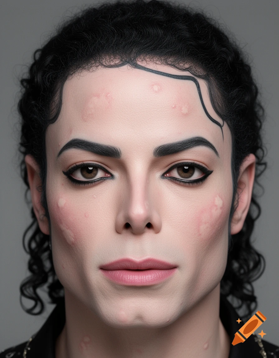 A photorealistic portrait of Michael Jackson's face, showing vitiligo patches, dark curly hair, tattooed hairline, eyebrows, and eyeliner.