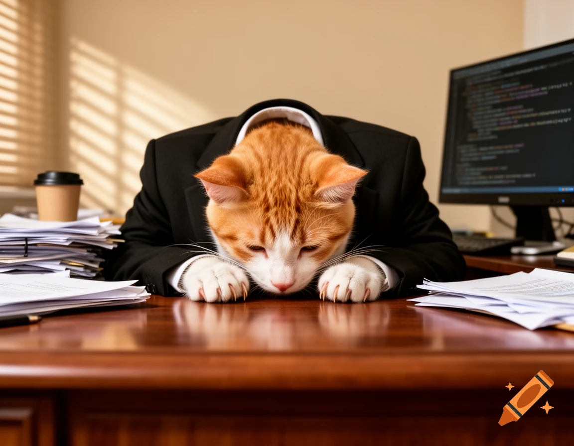 An anthropomorphic orange and white cat in a suit, head down on a wooden desk in an office with papers and a computer screen.