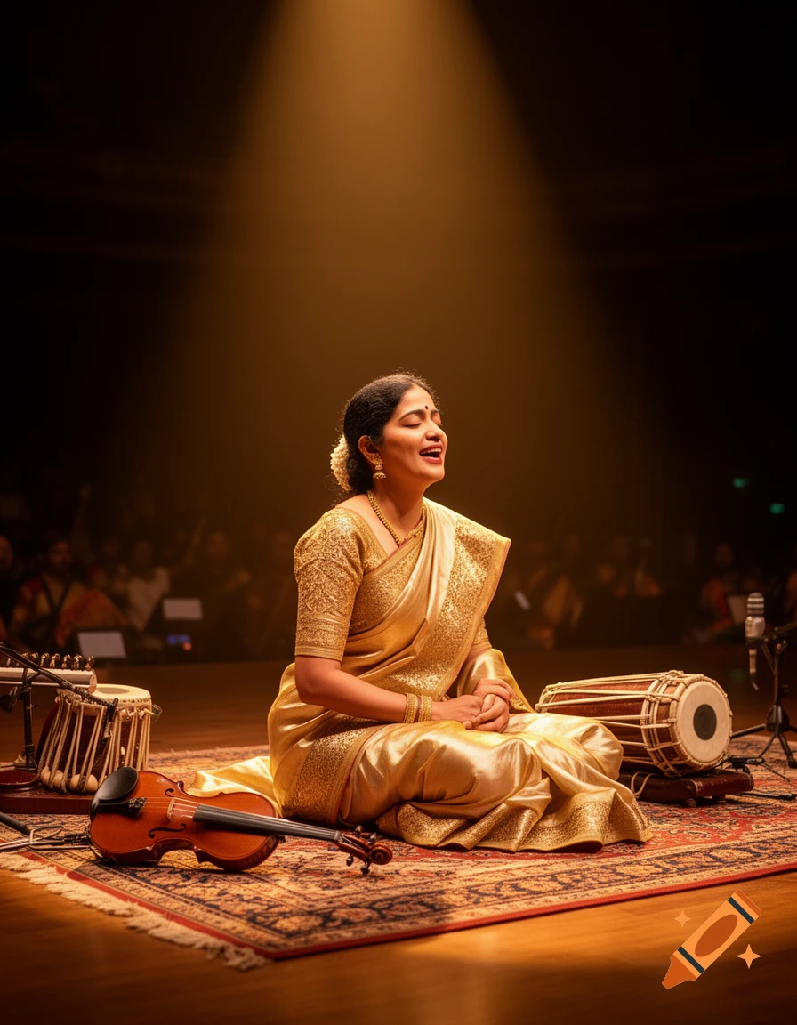 A woman in a golden saree sits cross-legged, singing on a stage with a violin, tabla, and drum under a spotlight.