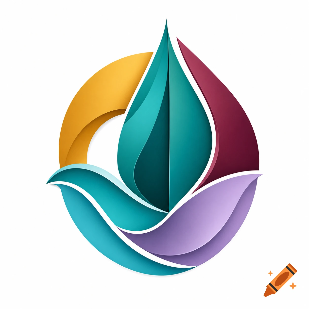 Abstract logo featuring layered, flowing shapes in orange, teal, burgundy, and lavender, arranged in a circular design.