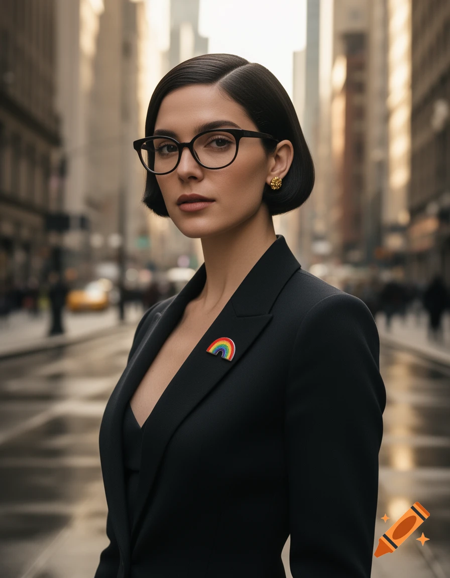 A photorealistic portrait of a woman with dark bobbed hair and glasses, wearing a black suit with a rainbow pin, standing on a city street.