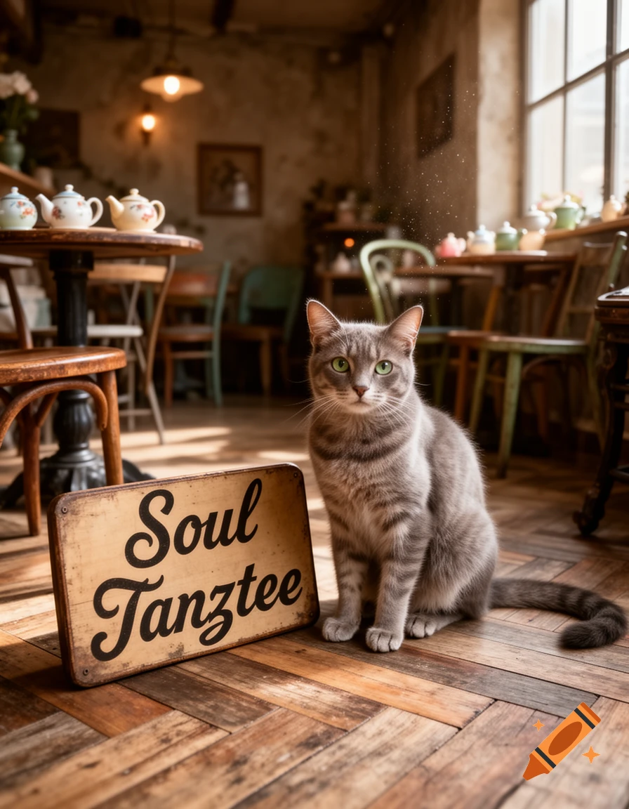 A gray tabby cat sits on a wooden floor in a cozy cafe next to a sign reading 'Soul Tanztee'.