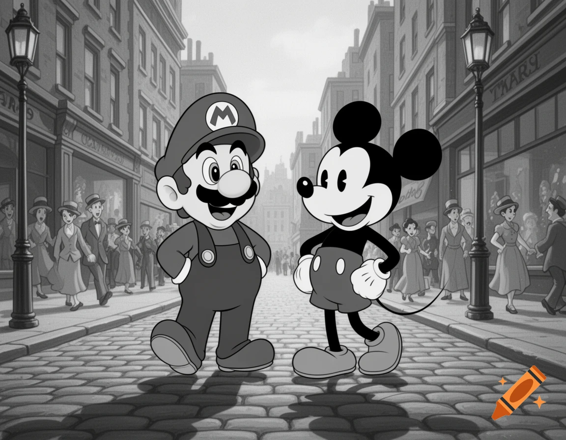 Black and white cartoon Mario and Mickey Mouse walking happily on a cobblestone street in a city, with shop buildings and people in the background.