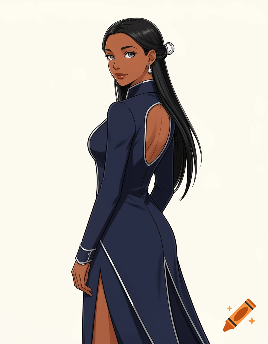 An elegant anime woman with brown skin, gray eyes, and black hair, in a midnight-blue gown with an open back and high side slit.