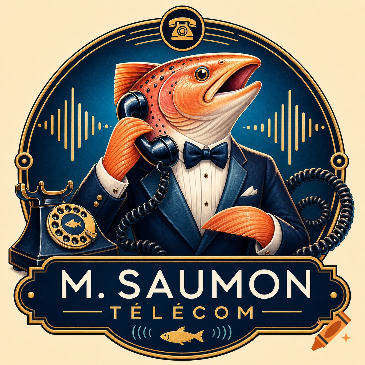 Art deco style logo of an anthropomorphic salmon in a suit holding a retro telephone, with 'M. SAUMON TÉLÉCOM' text.