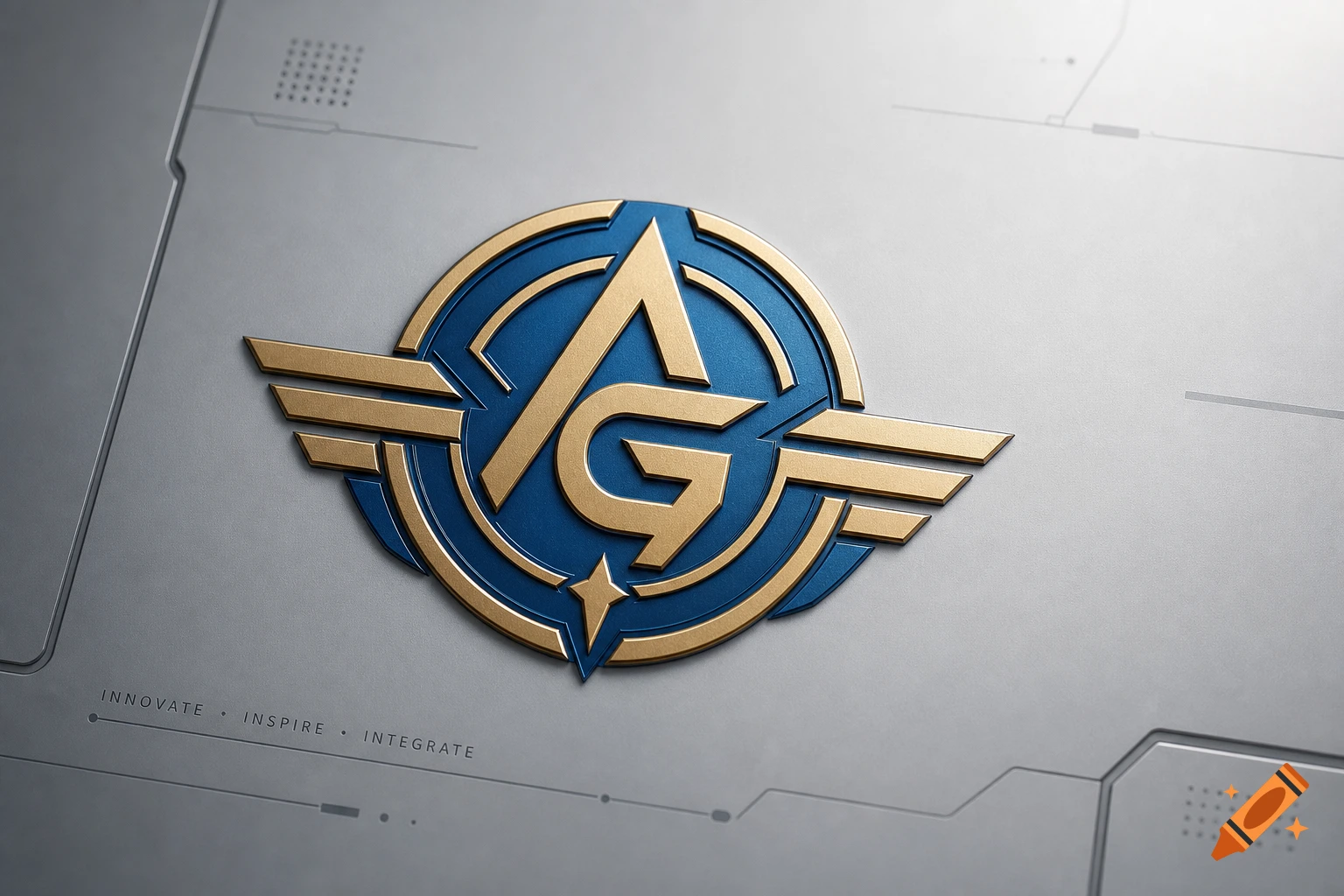 A gold and blue 3D logo featuring stylized letters 'A' and 'G' with wing-like elements, set against a metallic grey textured background with the words 'INNOVATE INSPIRE INTEGRATE'.
