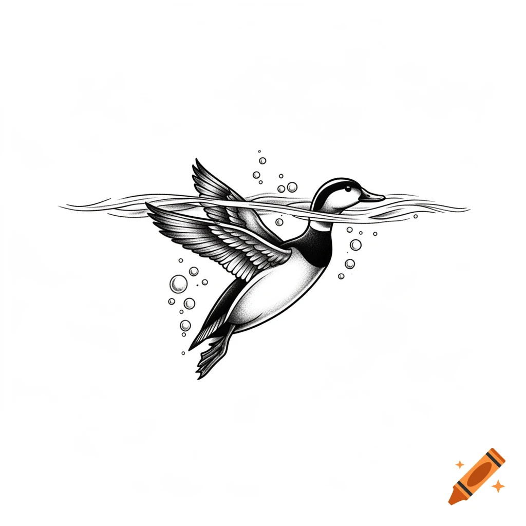 Black and white illustration of a coot dynamically diving underwater, in a fine line tattoo motif style.
