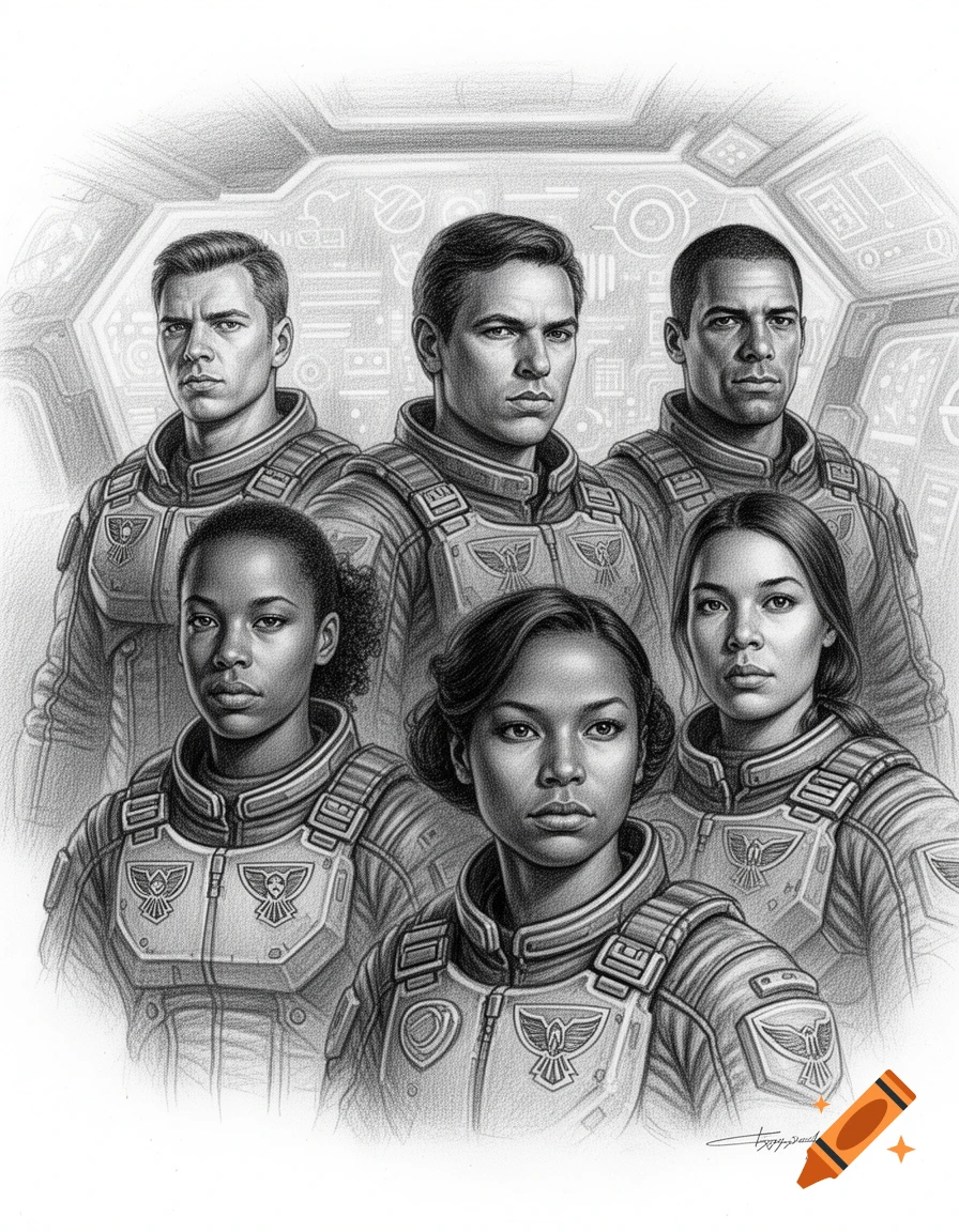 Black and white pencil drawing of five serious diverse MechWarrior pilots, three men and two women, in futuristic uniforms.
