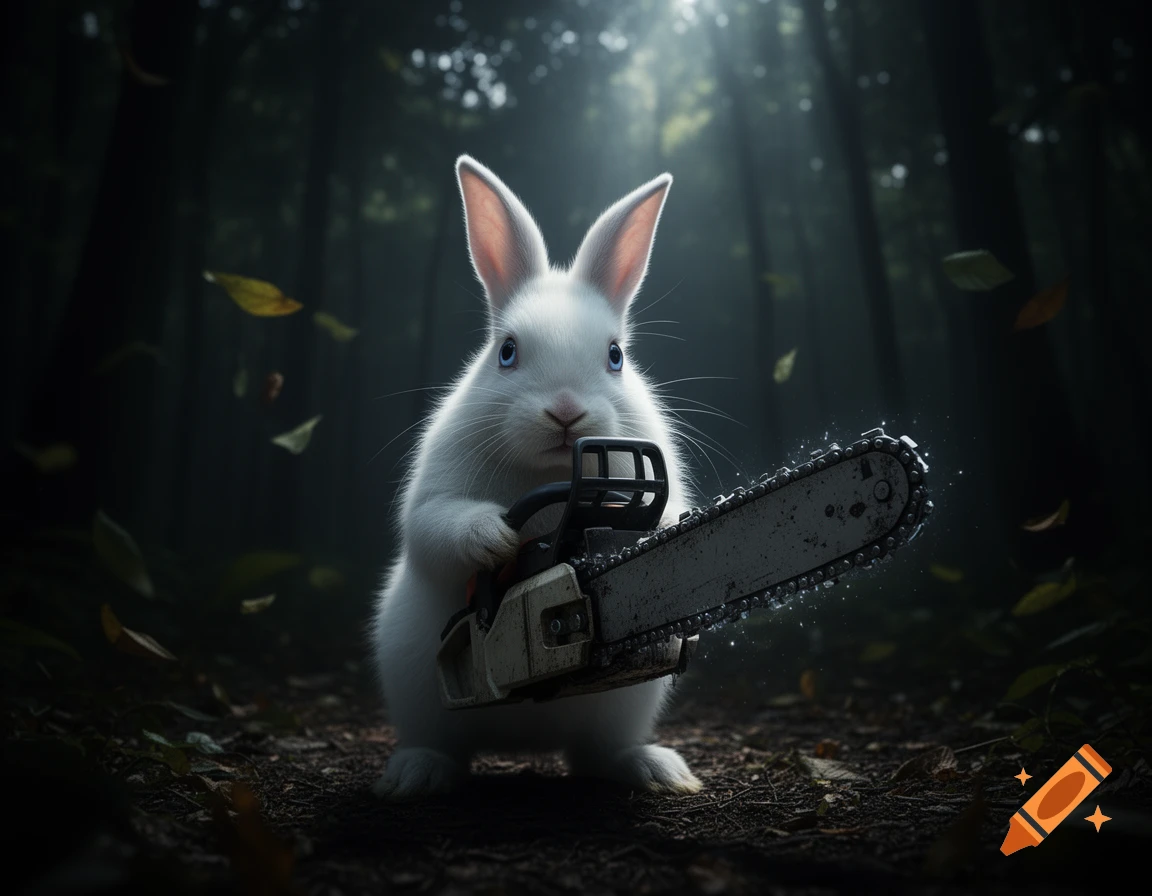 A fluffy white rabbit with blue eyes holds a large chainsaw in a dark, atmospheric forest.