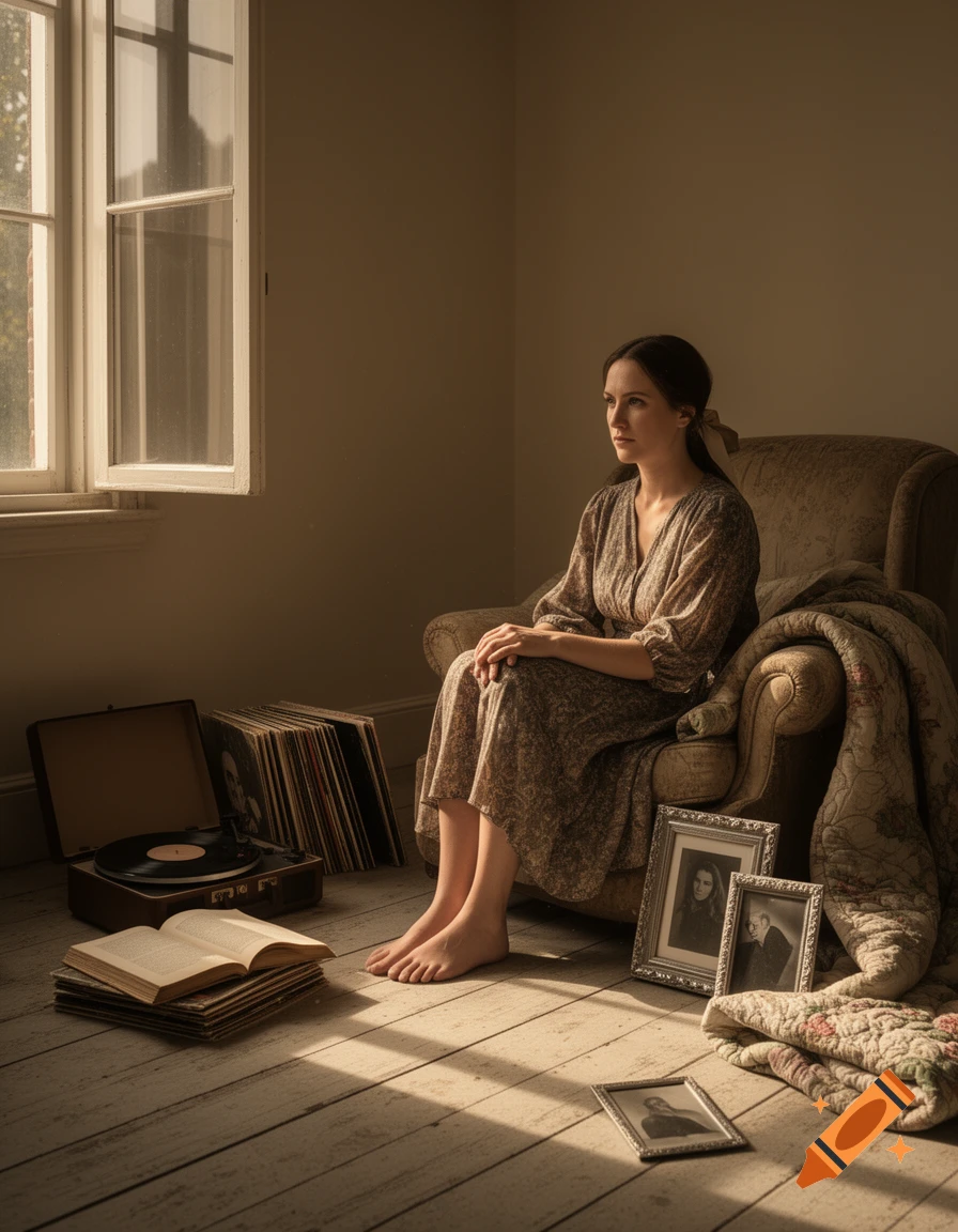 A young woman sits barefoot in an armchair in a dimly lit room, with sunlight streaming through a window. Books, vinyl records, and framed photos are scattered around her.