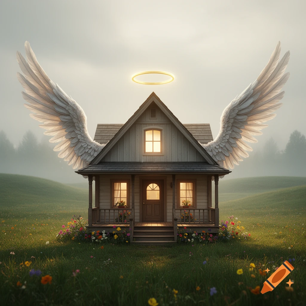 Charming cottage with large white angel wings and a glowing golden halo, set in a peaceful, misty, wildflower-filled meadow.