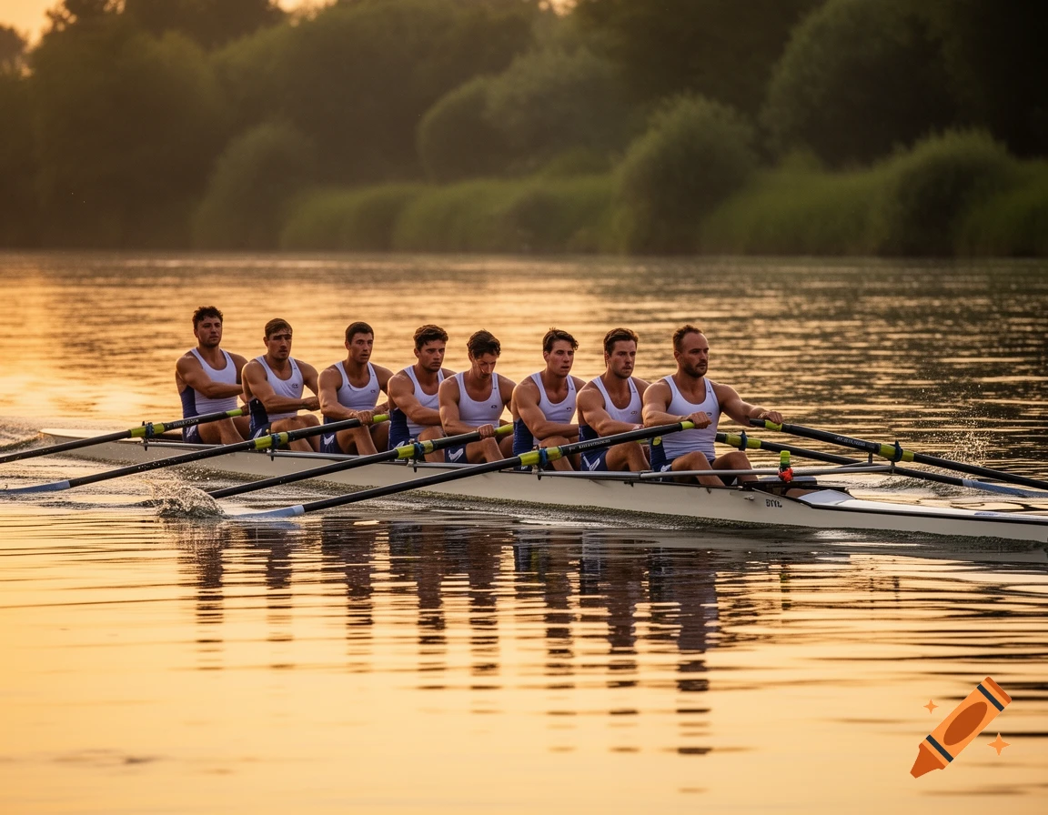 Eight men in a rowing shell glide across a calm river at sunrise, with reflections on the water.