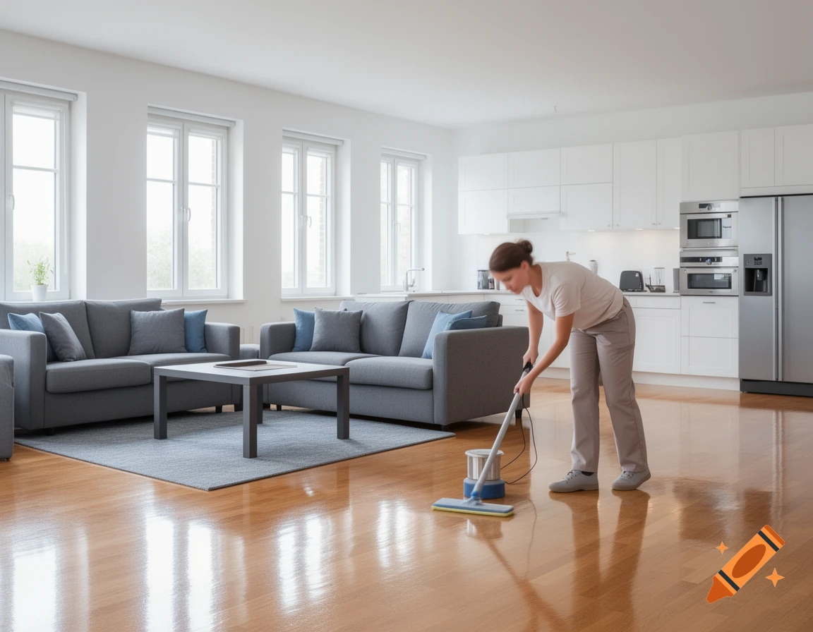 A cleaning worker mops the shiny wooden floor of a bright, modern living room and kitchen, appearing photorealistic.