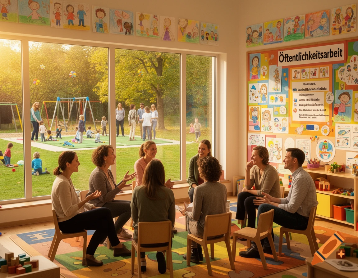 Adults in a meeting in a bright kindergarten room, with children playing outside on a sunny playground.