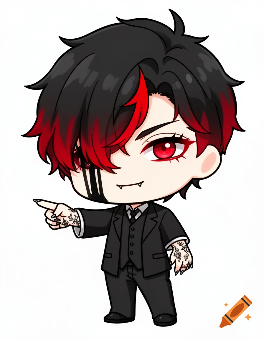 Chibi anime character with black and red hair, red eyes, fangs, tattoos, and a face mark, pointing left in a black suit.