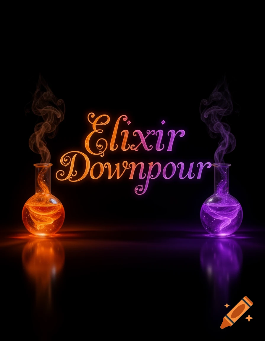 Glowing orange 'Elixir' and purple 'Downpour' text between matching orange and purple bubbling potions, on a black reflective surface.
