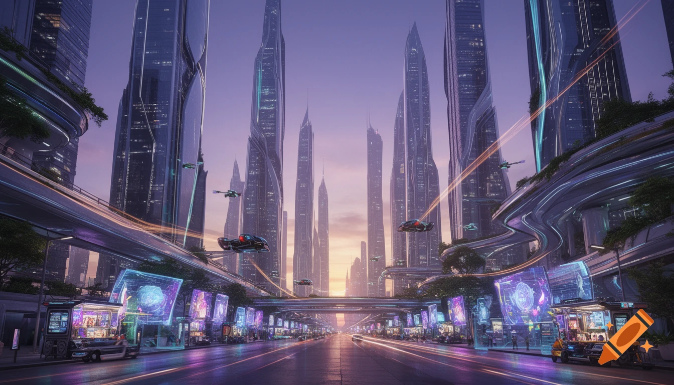 Photorealistic image of a futuristic city at dusk with towering skyscrapers, flying vehicles, and neon-lit holographic displays along a wide road.