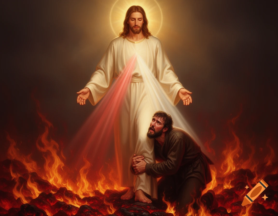Jesus Christ with a halo stands on fiery ground, while a man kneels at his feet, clinging to his legs.