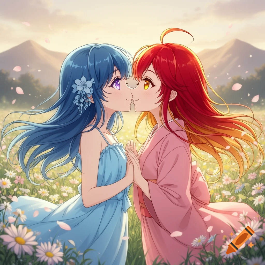 Two anime girls, one with blue hair and a blue dress, the other with red hair and a pink kimono, lean in for a kiss in a sunny flower field.