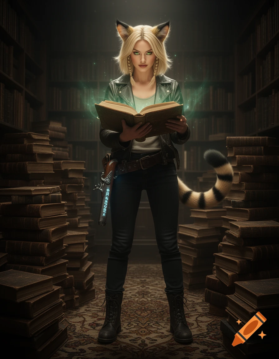 A blonde cat-eared woman in a leather jacket and jeans reads an enchanted book in a dark, book-filled library, holding a rune-inscribed pistol.