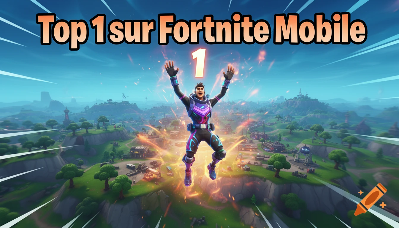 A stylized Fortnite character jumps joyfully over a vibrant landscape, with a large '1' and 'Top 1 sur Fortnite Mobile' text overhead.