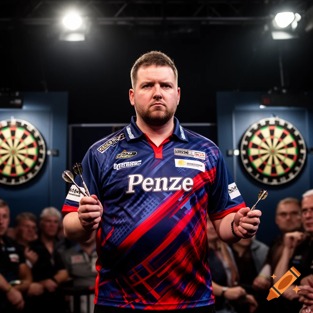 A male dart player in a blue and red jersey holding darts, standing in front of two dartboards in a brightly lit arena.