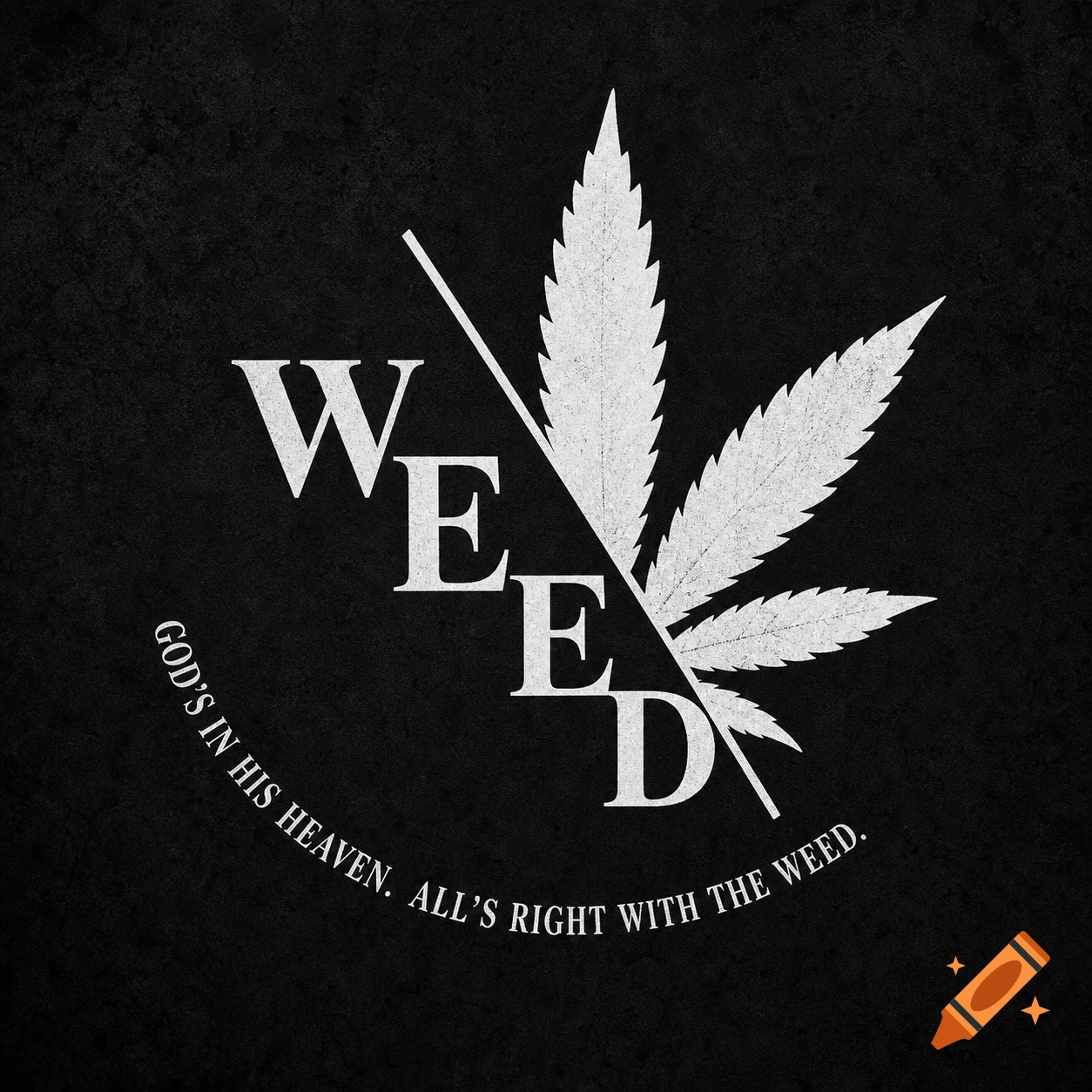 Black and white graphic of a cannabis leaf with the word 'WEED' and text 'GOD'S IN HIS HEAVEN. ALL'S RIGHT WITH THE WEED.'