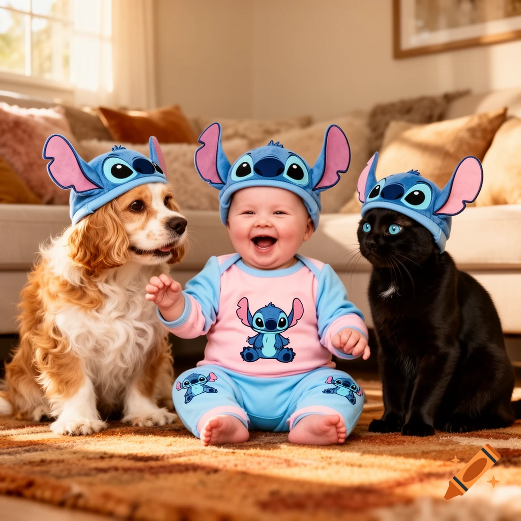 A laughing baby, a dog, and a black cat sit on a rug, all wearing blue Stitch hats and the baby is also in a Stitch onesie.