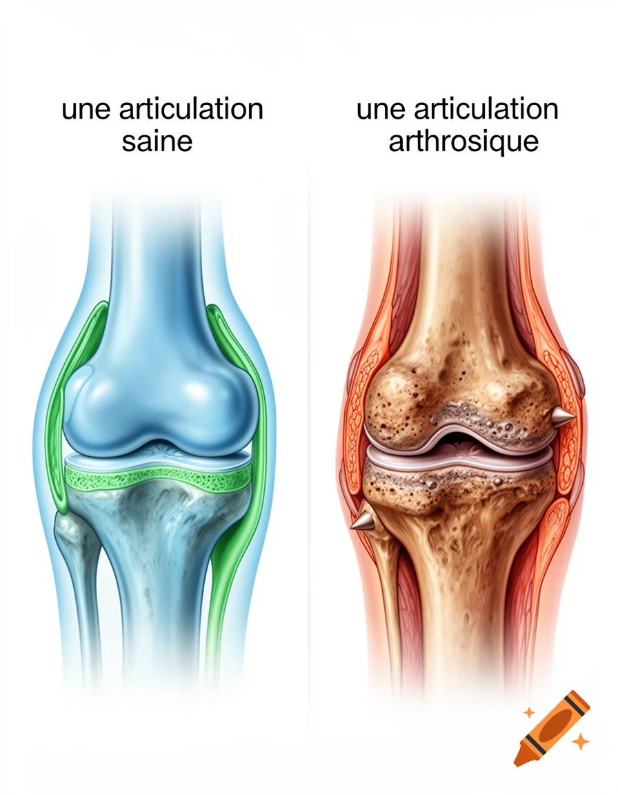 A medical illustration comparing a healthy knee joint (left, blue) with smooth cartilage to an arthritic knee joint (right, brown) with damaged cartilage and bone spurs.