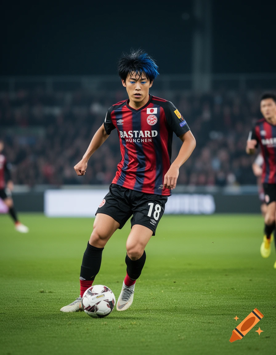 A young male soccer player with blue hair and eye markings, wearing a red and black striped jersey with 'BASTARD MÜNCHEN' and '18', dribbling a ball on a green field during a night game.