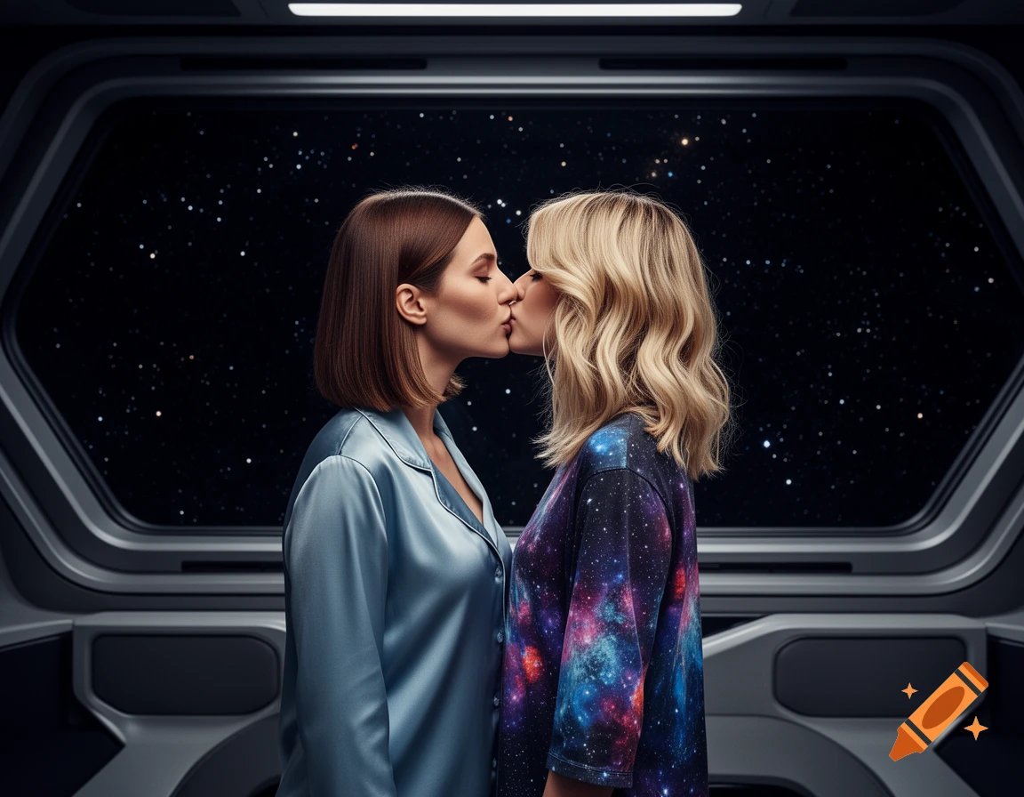 Two women share a kiss inside a spaceship with a large window looking out into a starry night sky.