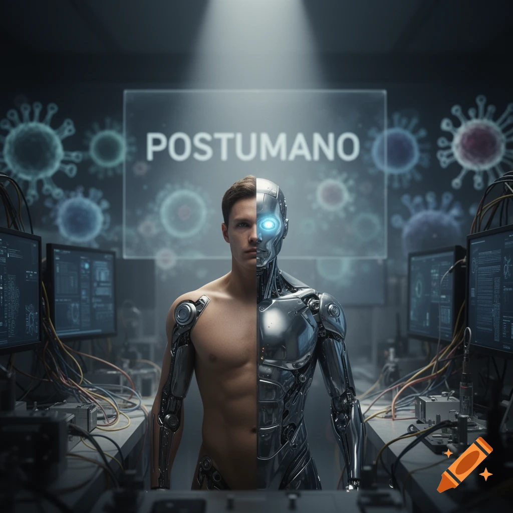 A photorealistic depiction of a man, half human and half cyborg, in a lab with 'POSTUMANO' on a screen.