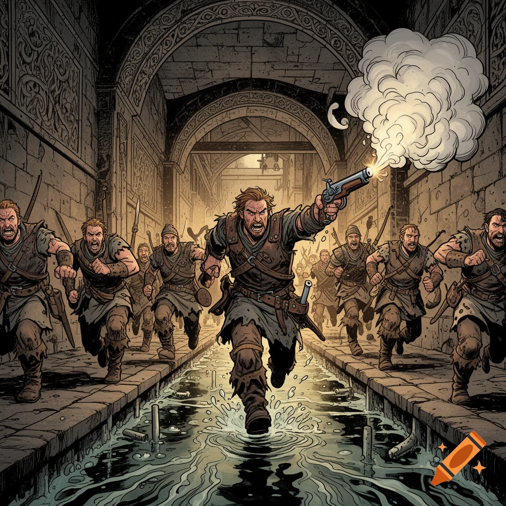 Comic art of men in medieval attire running through a sewer, one fires a flintlock pistol creating smoke.