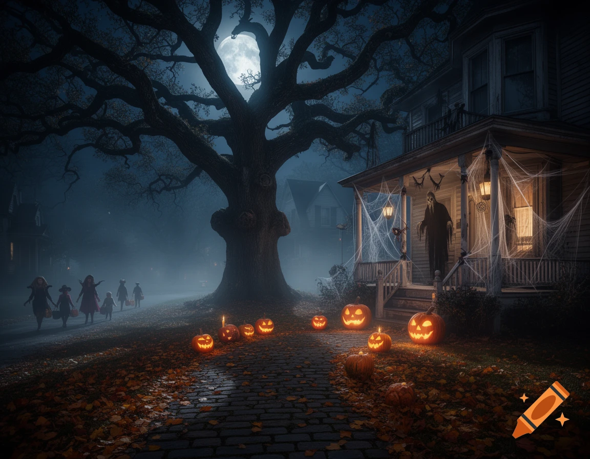 Trick-or-treaters walk on a foggy Halloween night towards a haunted house decorated with spiderwebs and glowing jack-o'-lanterns under a full moon.
